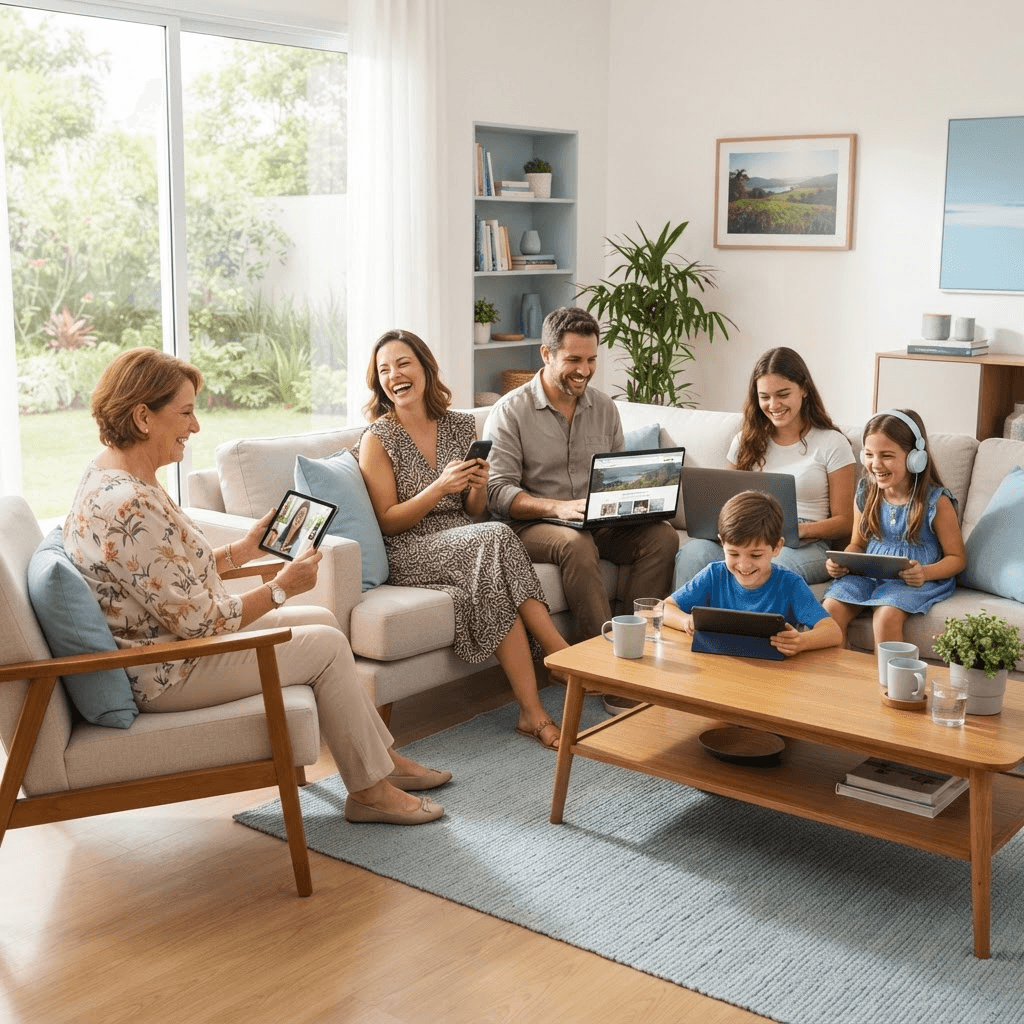 Família de várias idades usando internet em casa com notebooks, tablets e celulares